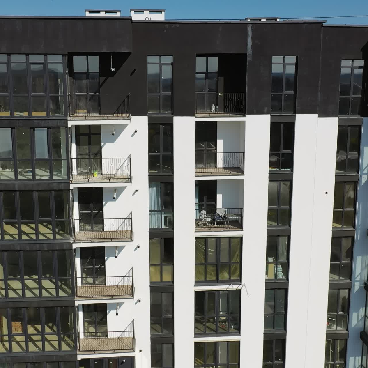 Drone view of new building townhouses. Modern residental apartments exterior
