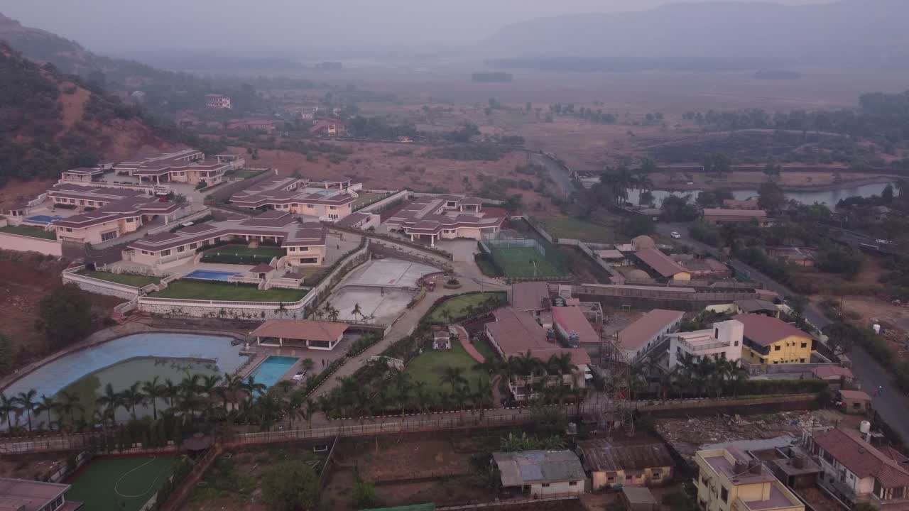 Luxury resort villa with swimming pool and basketball court in Lonavala, Aerial