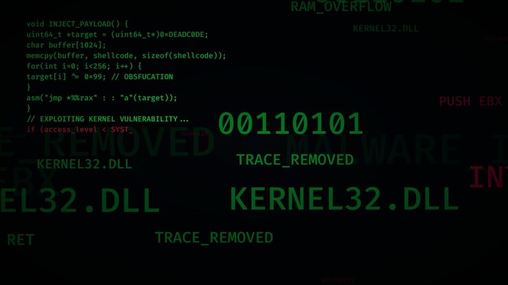 Cybersecurity Concept with Malicious Code and System Vulnerability Text