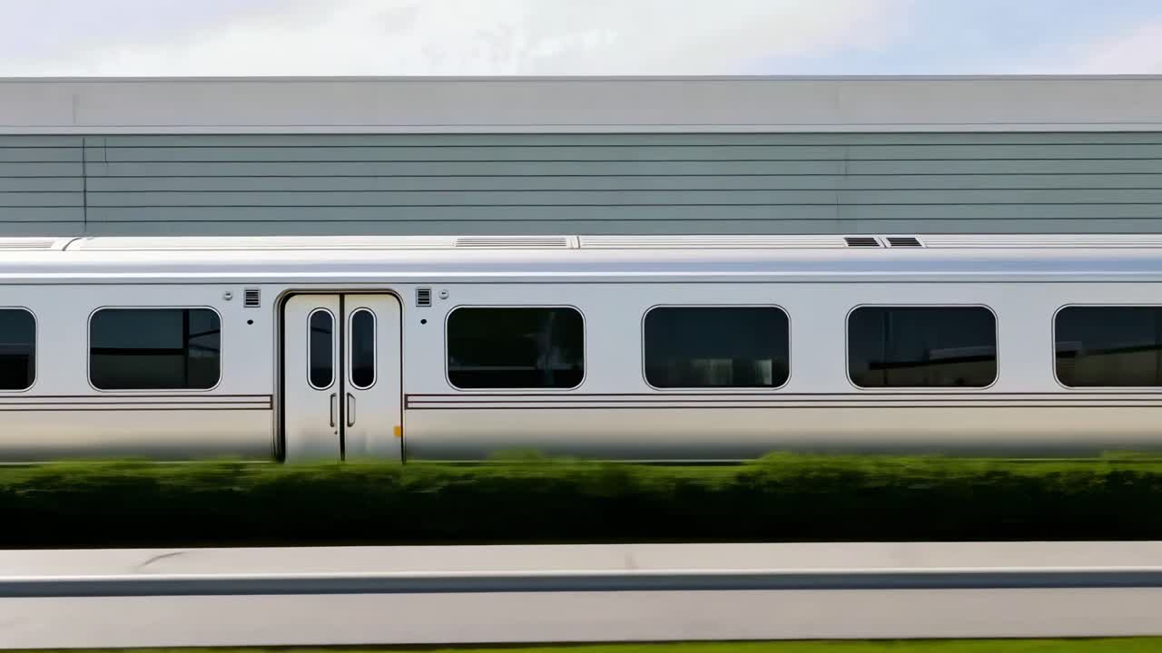 Side view of a sleek, modern train passing by, captured in a video style