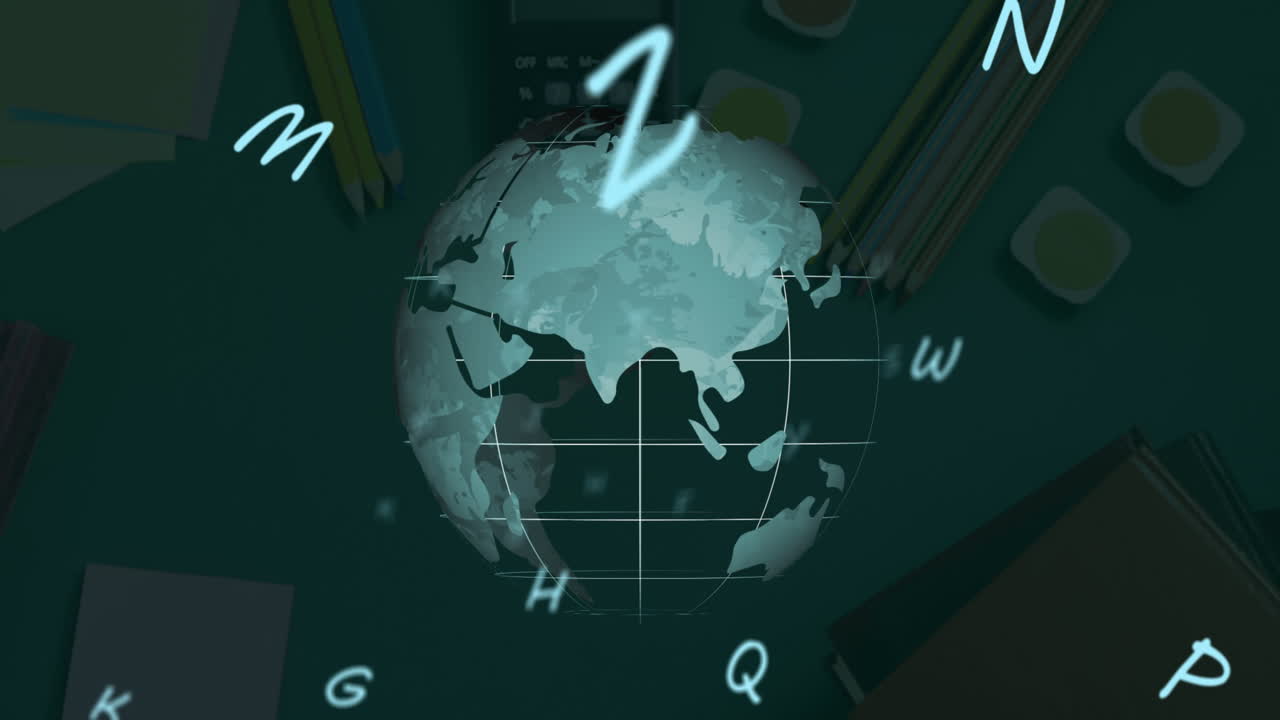 알파과 글로브는 학교 아이템과 함께 교육 테마를 묘사합니다.