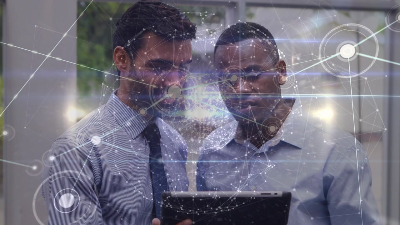 Animation of network of connections over business people wearing phone headsets