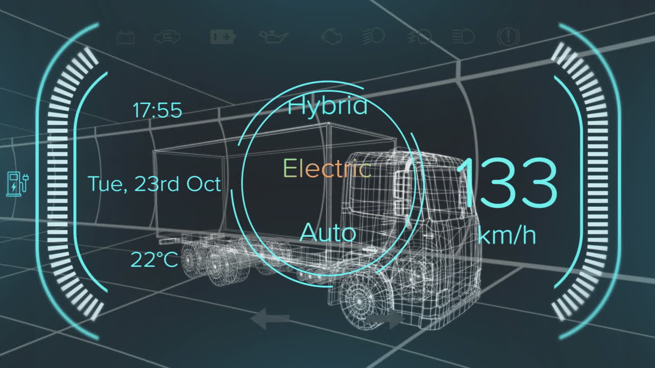 숫자, 텍스트와 함께 속도계의 애니메이션 검은 바탕에 트럭의 3d 모델