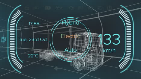 animación del velocímetro con números, textos sobre un modelo 3d de camión contra un fondo negro