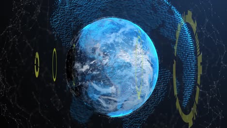 Animation-Von-Runden-Scannern-Und-Netzwerk-Von-Verbindungen-über-Einem-Sich-Drehenden-Globus-Vor-Blauem-Hintergrund
