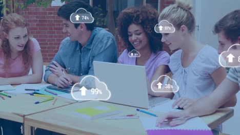 Animation-of-cloud-icons-with-increasing-numbers-over-diverse-college-students-discussing-at-office