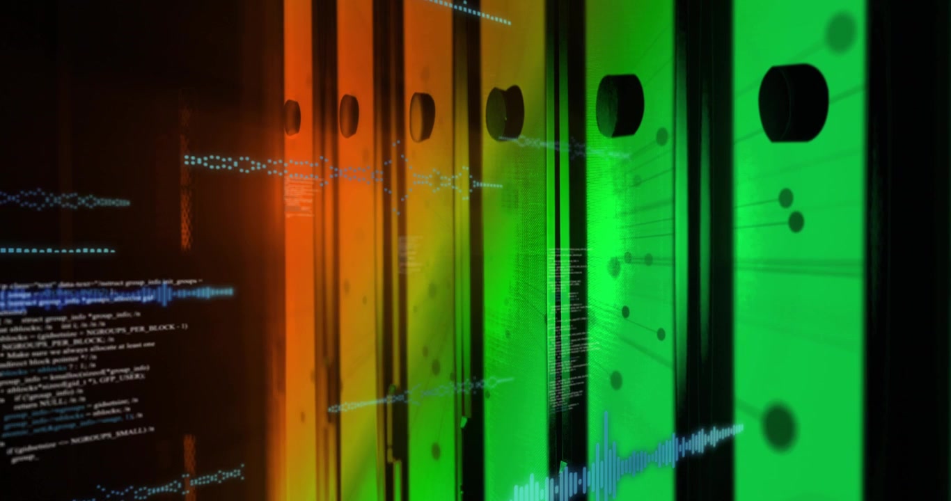 Left waveform multiplying, panels showing moving waves, particles, code mapping data growth