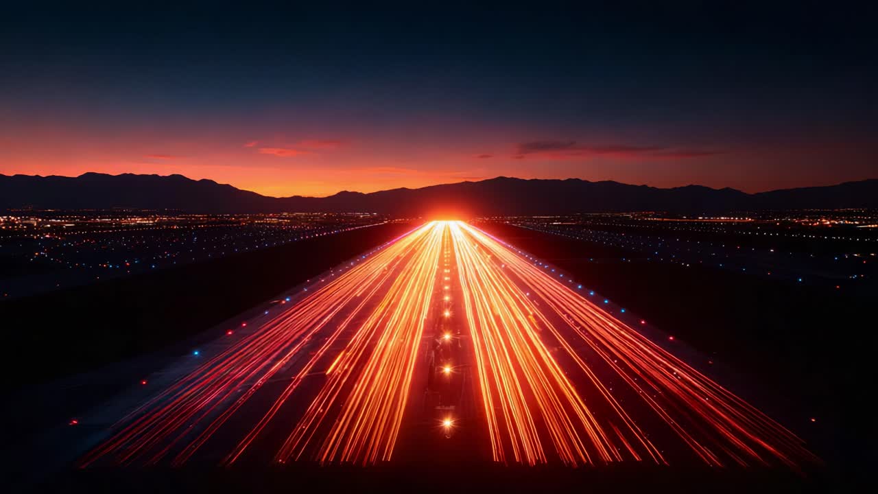 Captivating Twilight Overhead View of an Airport Runway Illuminated by Dynamic Light Trails, Creating a Stunning Contrast Against the Night Sky's Colorful Horizon