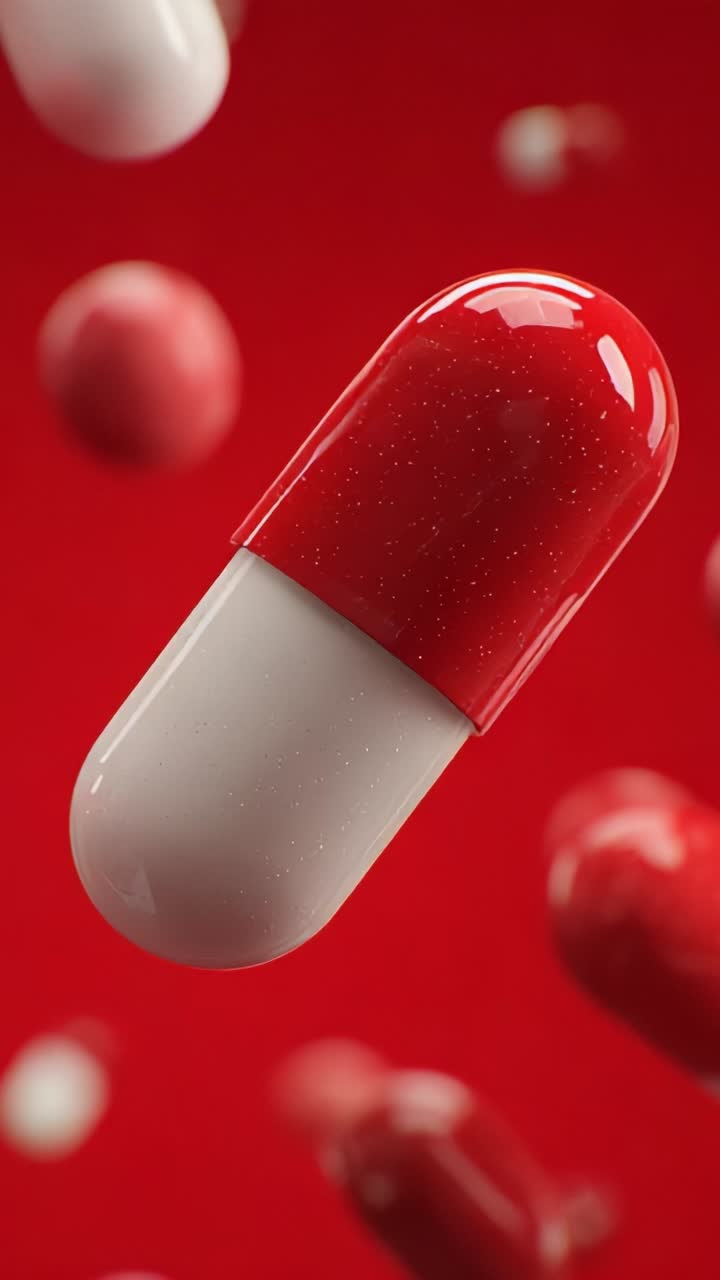 Floating Red and White Capsules Against a Vivid Red Background, Showcasing a Dynamic Pharmaceutical Aesthetic and Emphasizing Modern Medication Visuals