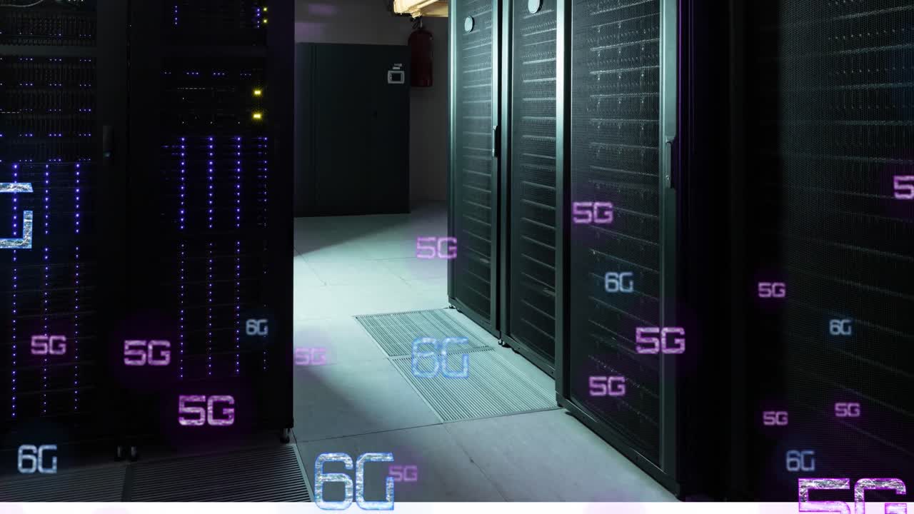 animación de texto iluminado de 5g y 6g sobre la sala del servidor de datos