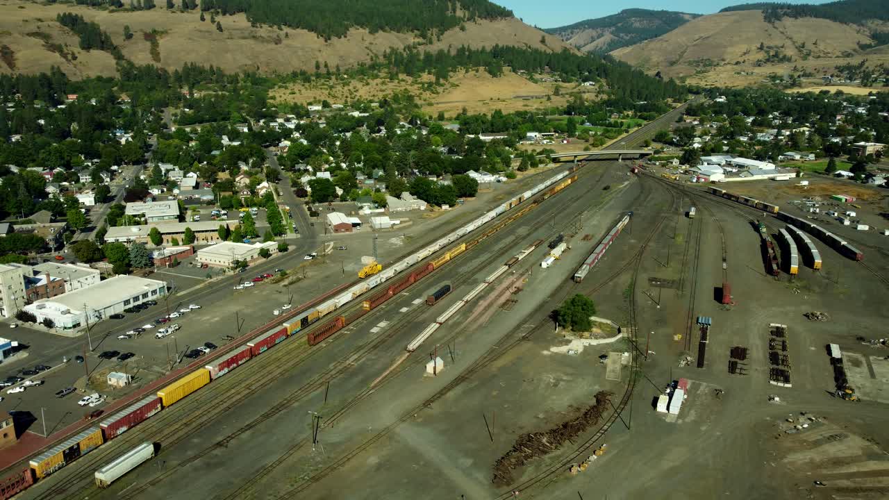 US, Oregon, La Grande, 2025-08-11 - Drone view of the Eagle Cap Excursion Train station