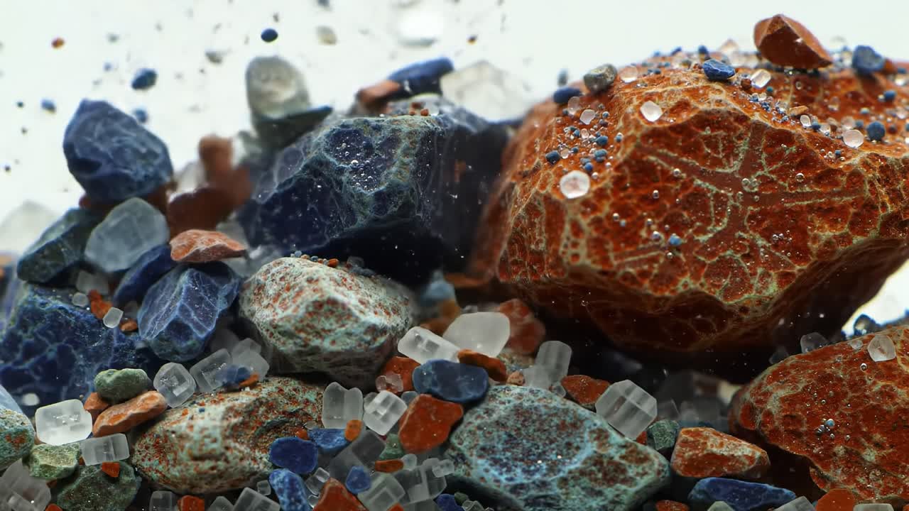 Underwater Dance of Colorful Gems: A Captivating Display of Natural Stones and Crystals as They Settle into Vibrant Patterns in Aquatic Surroundings