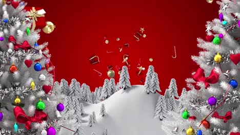 Two-christmas-trees-on-winter-landscape-over-christmas-concept-icons-floating-against-red-background