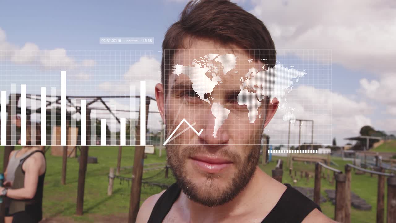 Man holding gaze, HUD appearing over face from nodes to charts and map, showing fitness data
