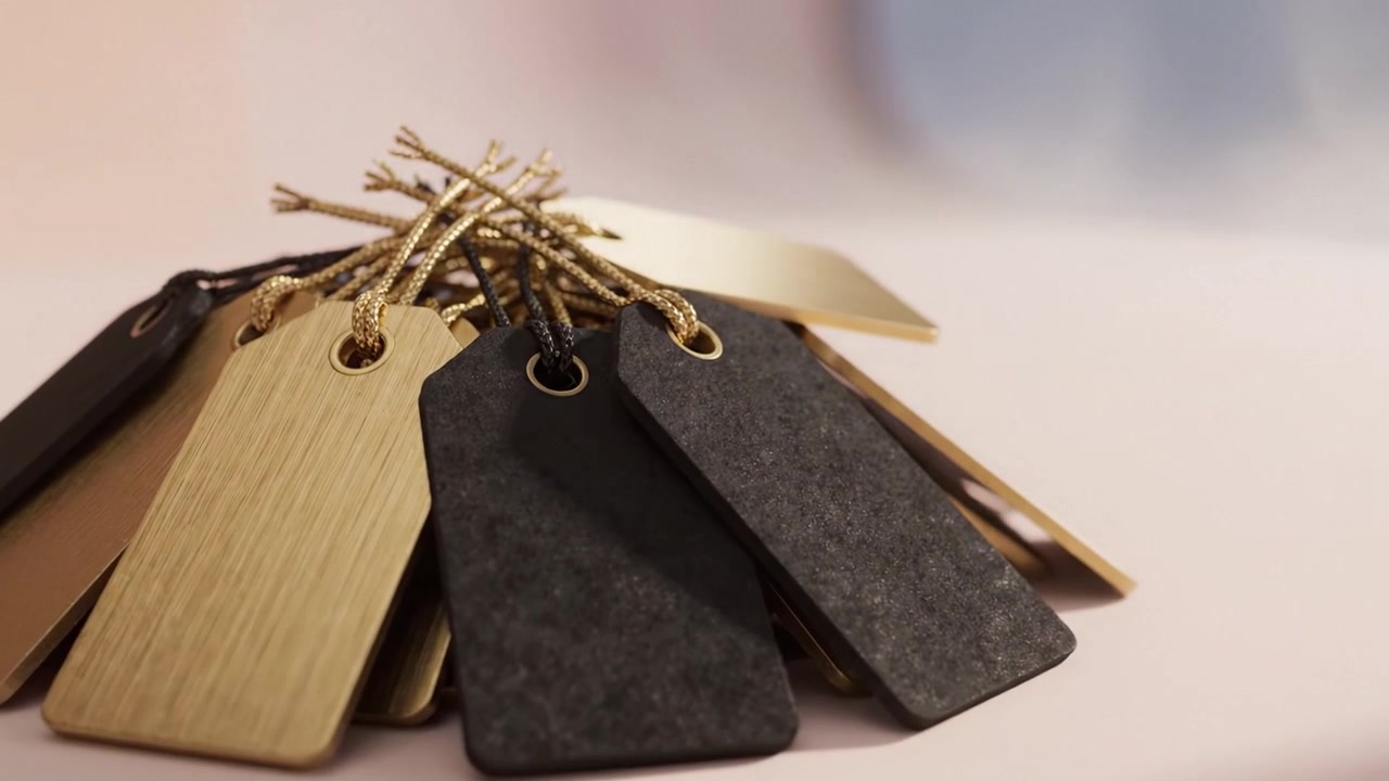 Una collezione elegante di etichette decorative esposte elegantemente su una superficie chiara, con varie texture e colori, perfette per la personalizzazione e l'organizzazione