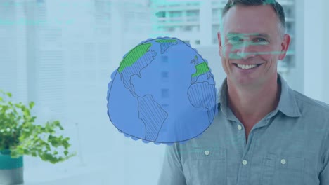 animación de globo dibujado a mano y procesamiento de datos sobre un empresario caucásico sonriente en el lugar de trabajo