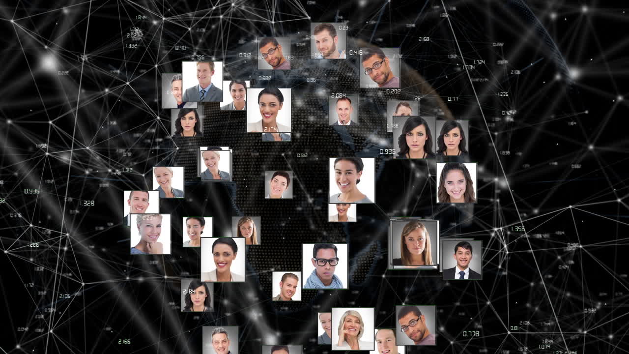 animación del globo con una red de conexiones y fotos de personas