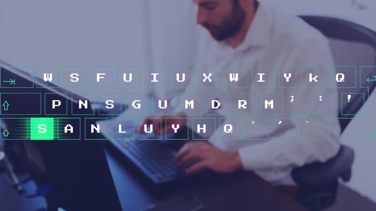 animación de teclado virtual contra hombre caucásico usando computadora en la oficina