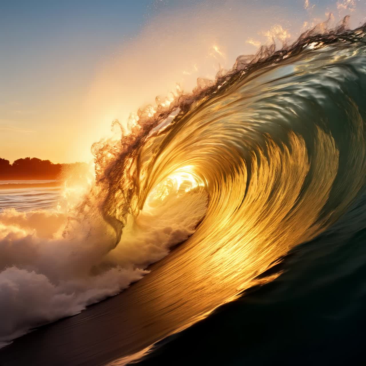 Dynamic close-up video of a golden wave curling at sunset, capturing the fluid motion and vibrant