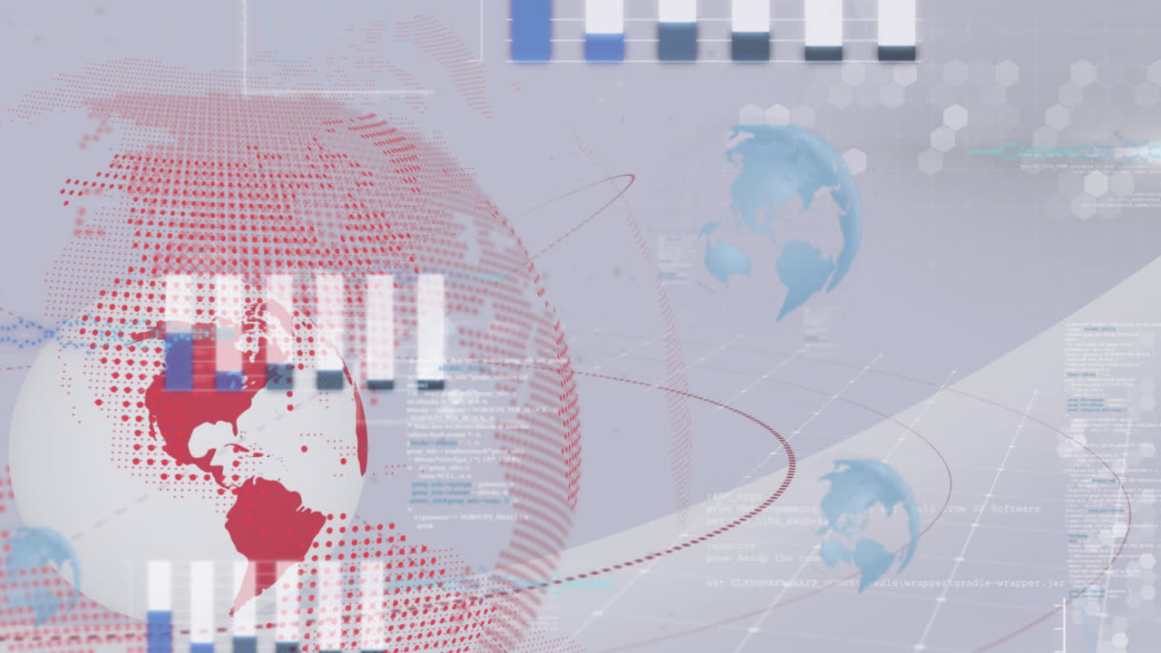 전 세계, 금융 데이터 처리 및 통계의 애니메이션을 밝은 배경으로 표시합니다.