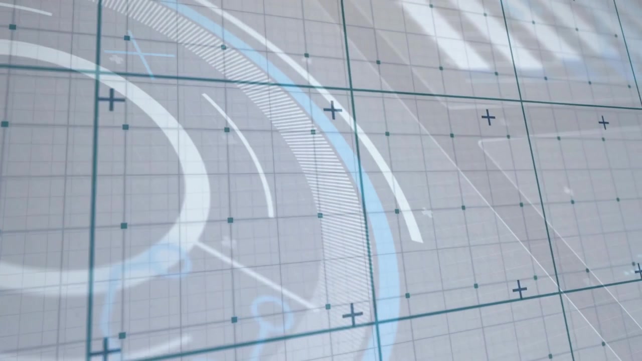 Circular interface pattern being displayed on virtual grid, showing segmented arcs and plus markers