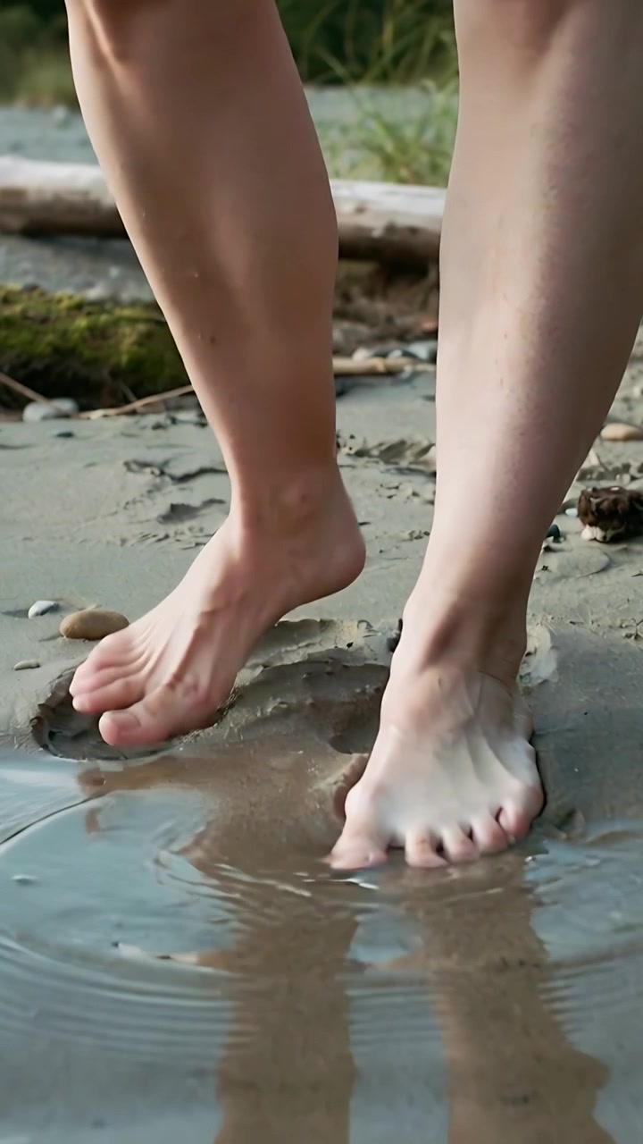 Vertical video: Walking woman in shorts shifting and lifting foot on wet sand, leaving footprints