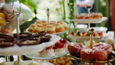 pastries and cupcakes on dessert table stand in candy bar