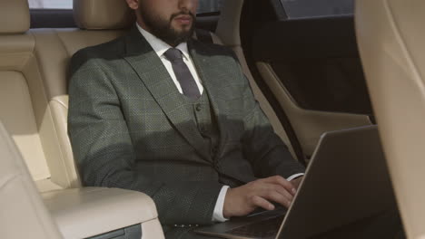 cropped businessman using laptop in car