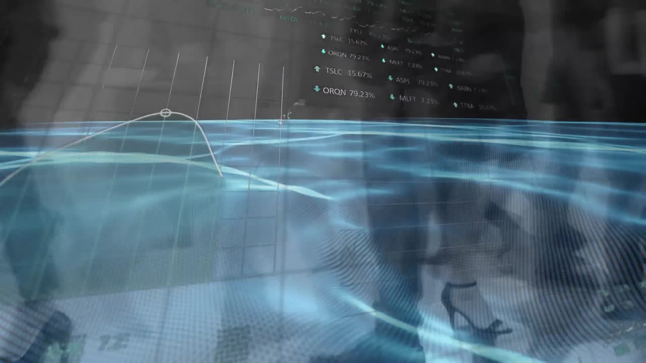 animación del procesamiento de datos financieros sobre peatones que caminan en movimiento rápido