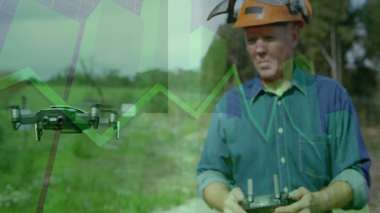 Man operating drone in field showing green bar charts and line graphs powering survey technology