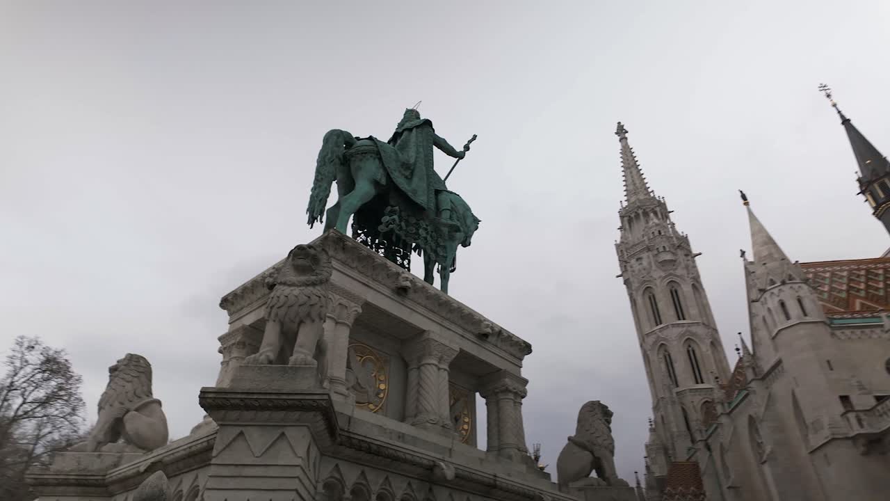 Statue of St Stephen overlooks Matthias Church in Budapest, Hungary