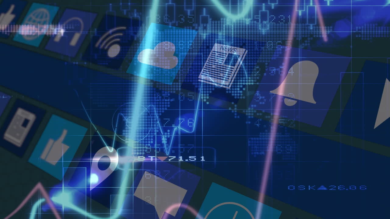 Animation of financial data over tech icons in navy digital space