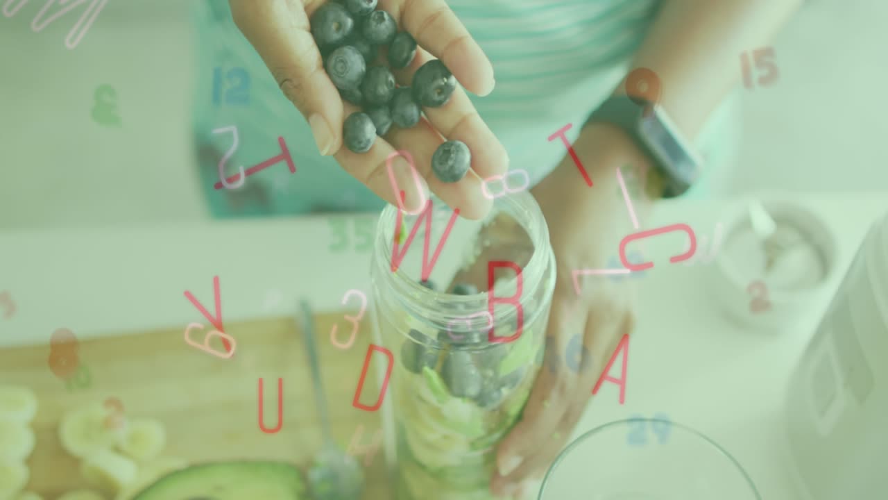 Animation of letters and numbers falling over caucasian woman preparing breakfast with berries