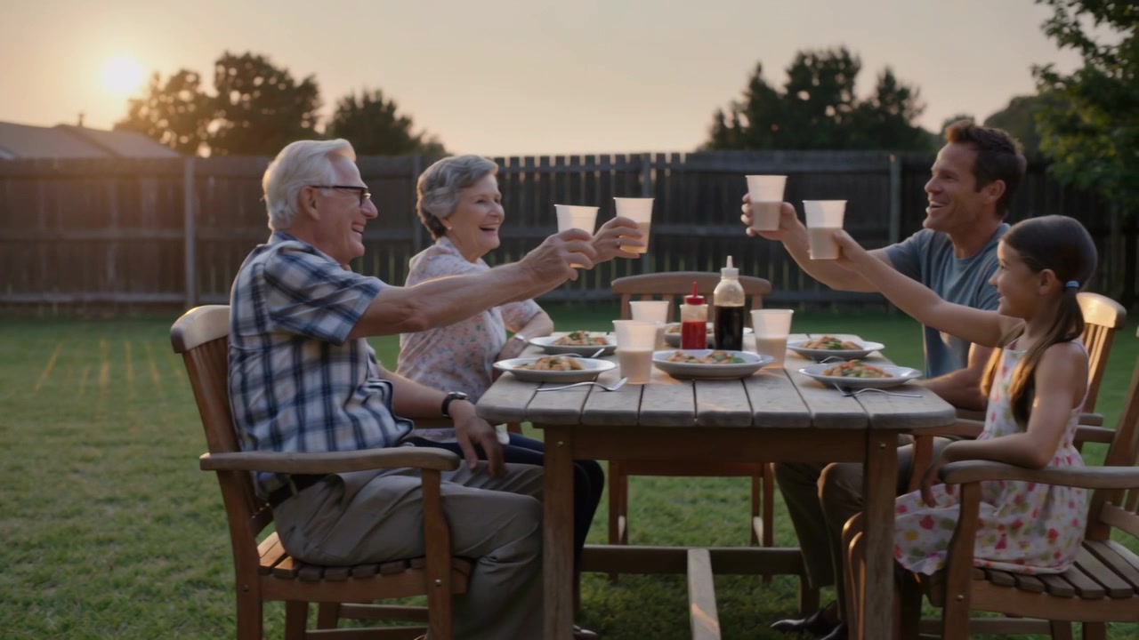 Lifting cup senior man starting family toasting for dinner at yard table in casual clothes