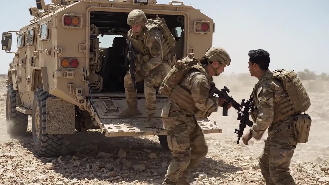 Soldati che intraprendono una missione da un veicolo blindato in un ambiente desertico, dimostrando manovre tattiche e lavoro di squadra in situazioni di guerra su terreno impegnativo.