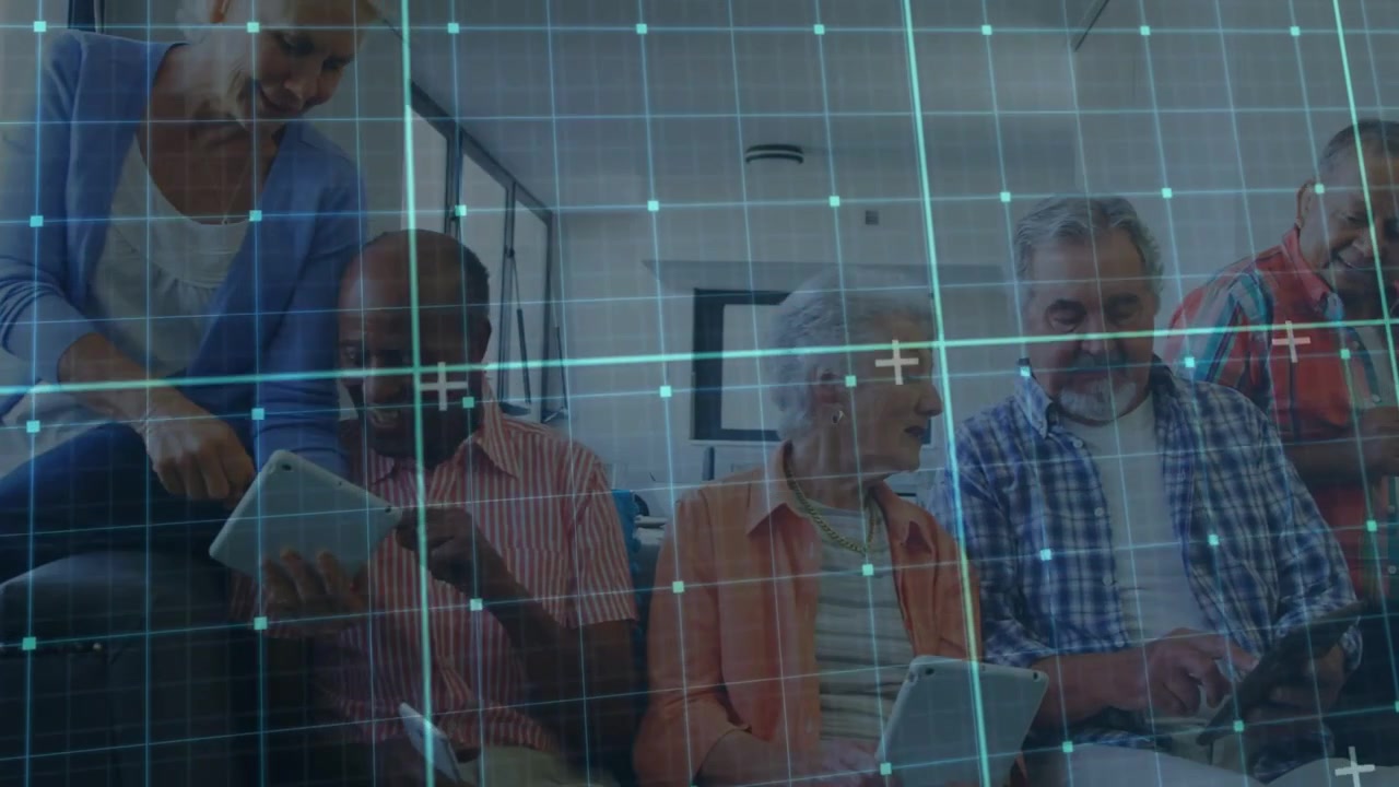 Woman leaning and pointing at tablet, guiding seated man learning technology with teal grid overlay