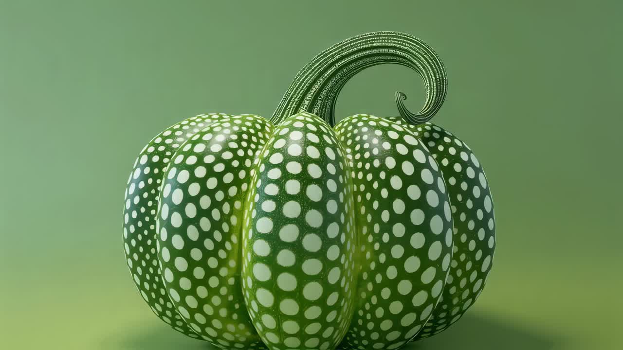 Green pumpkin with white polka dots rotating slightly on a plain green background, isolated on white background, perfect for autumn, Halloween, Thanksgiving, and harvest festivals