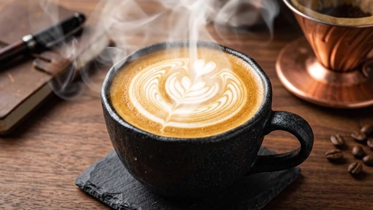 Tazza fumante di latte macchiato appena preparato con latte art