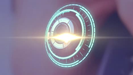 animation of rotating safe lock over light trail on blurred background