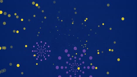 Animation-of-purple-firework-explosions-and-bokeh-yellow-light-spots-on-blue-background