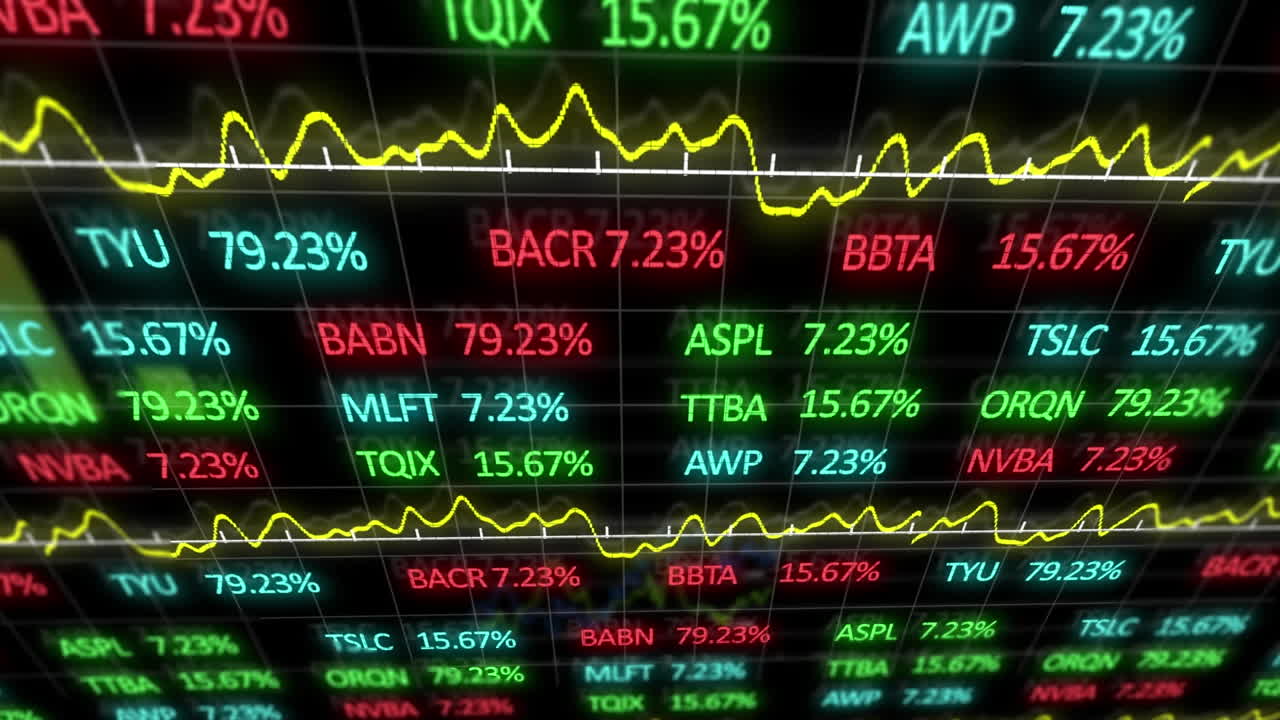 Animazione dell'elaborazione di dati statistici e del mercato azionario su sfondo nero