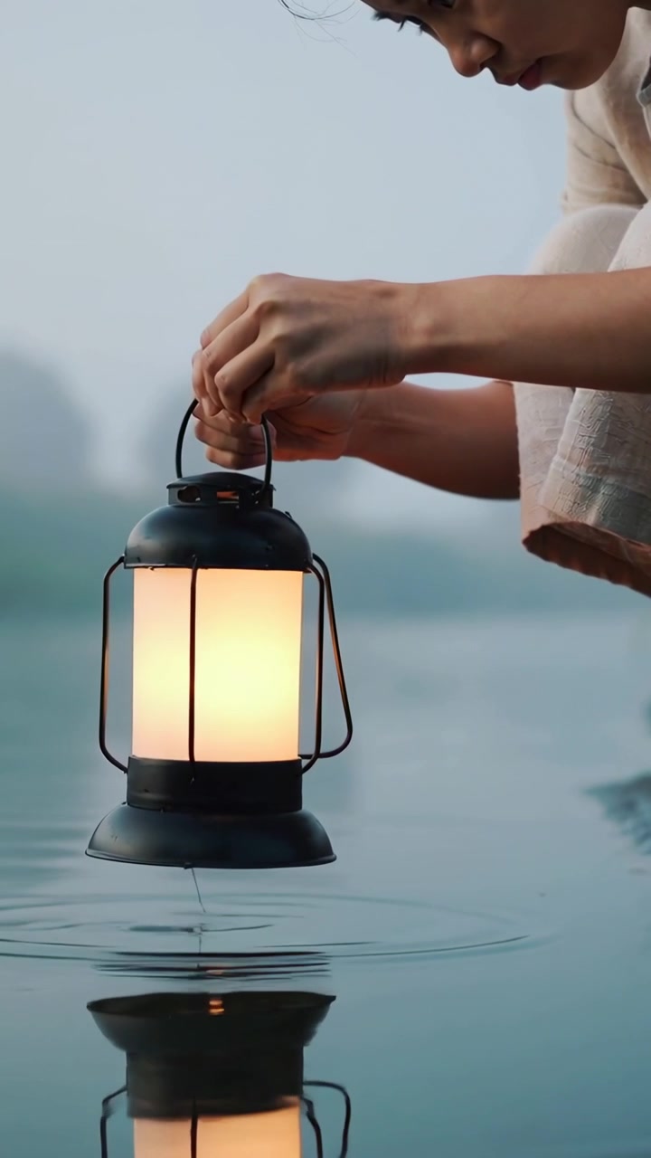 Video verticale: Ragazza adolescente con top chiaro che si china, abbassando una lanterna al lago e osservando il bagliore, con spazio per il testo