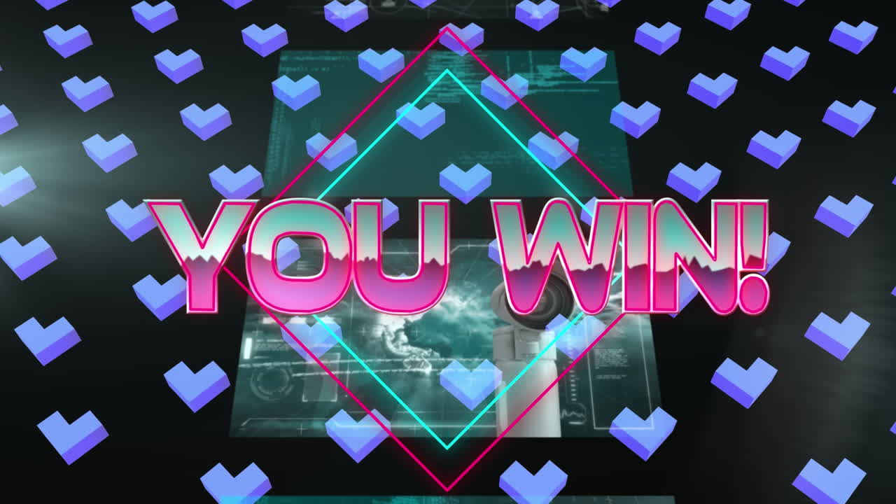 네온 사각형, 3d 심장 및 검은색 배경에 데이터가 있는 화면을 이기는 애니메이션