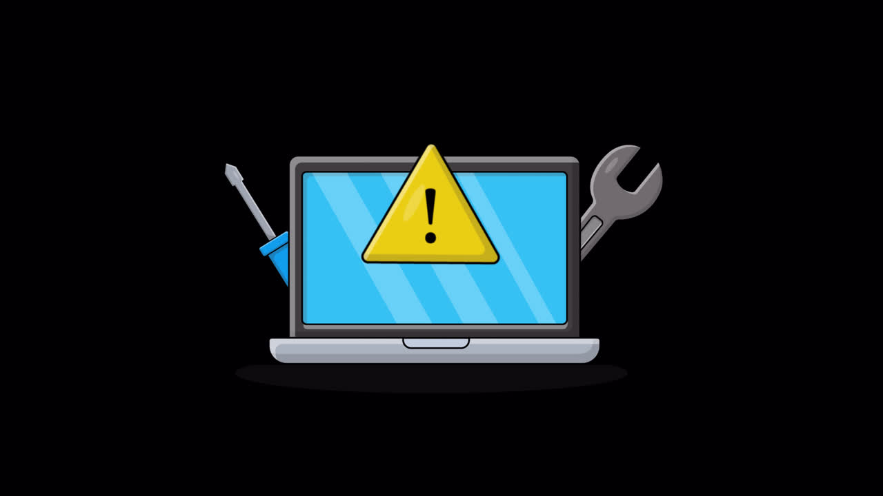 Animated Laptop with Warning Sign and Repair Tools