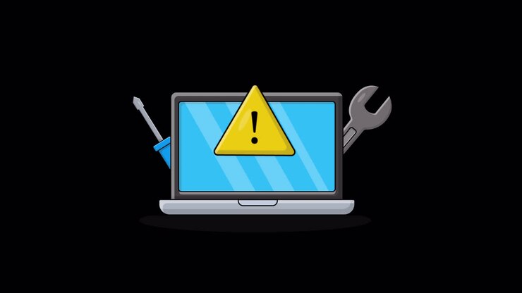 Animated Laptop with Warning Sign and Repair Tools