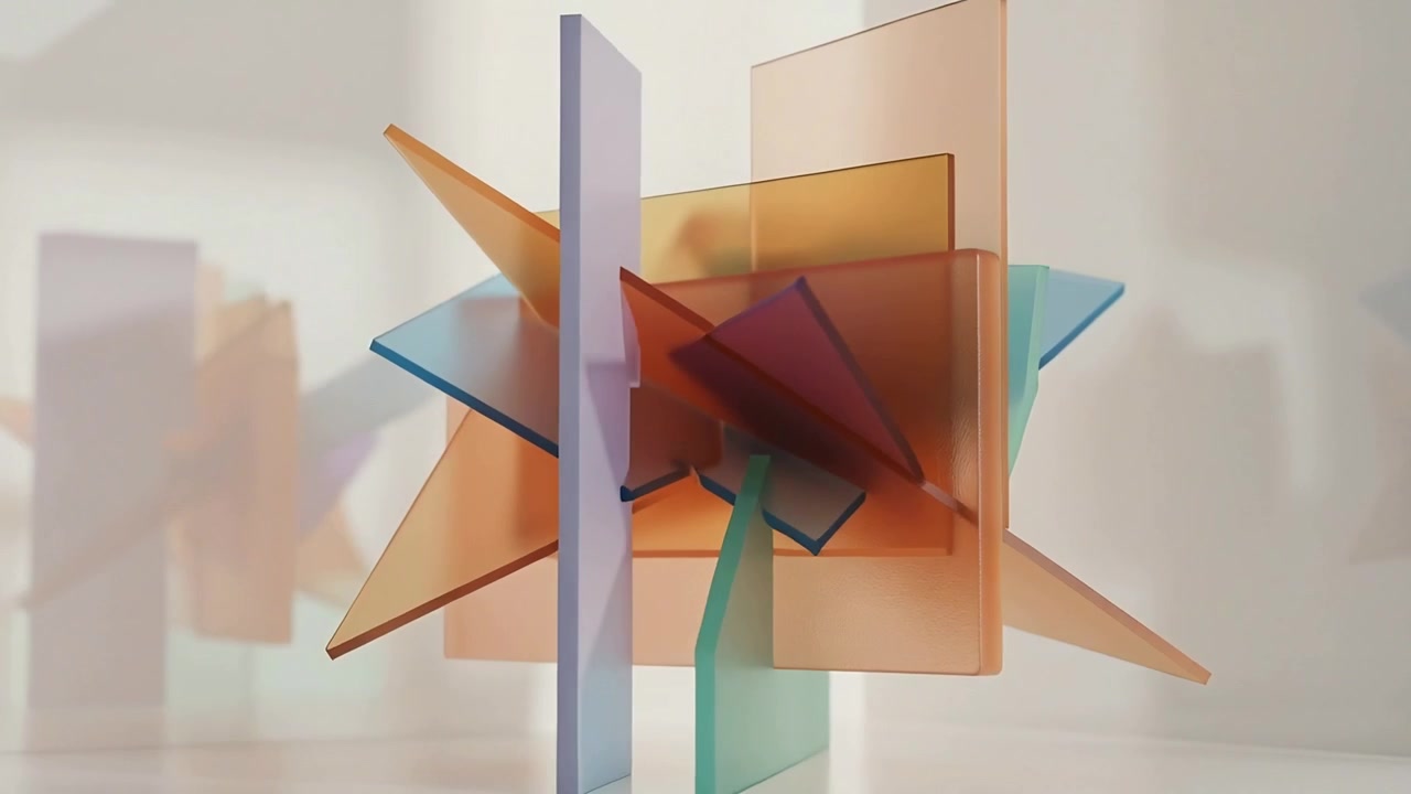 Rotation starting sculpture rotating and tilting panels or slab in studio showing color on glossy ba