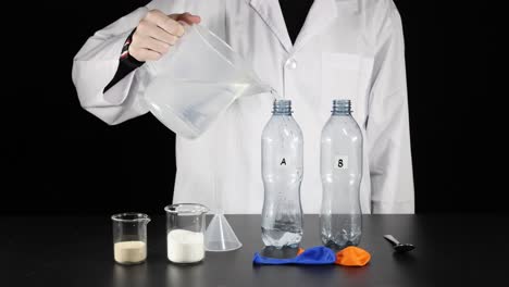 mixing chemicals in bottles to observe reactions