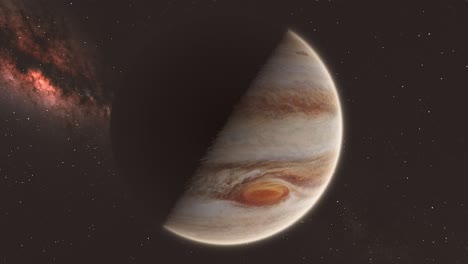 planeta júpiter desde el espacio a media luz media sombra con fondo de galaxia y estrellas de la vía láctea 4k