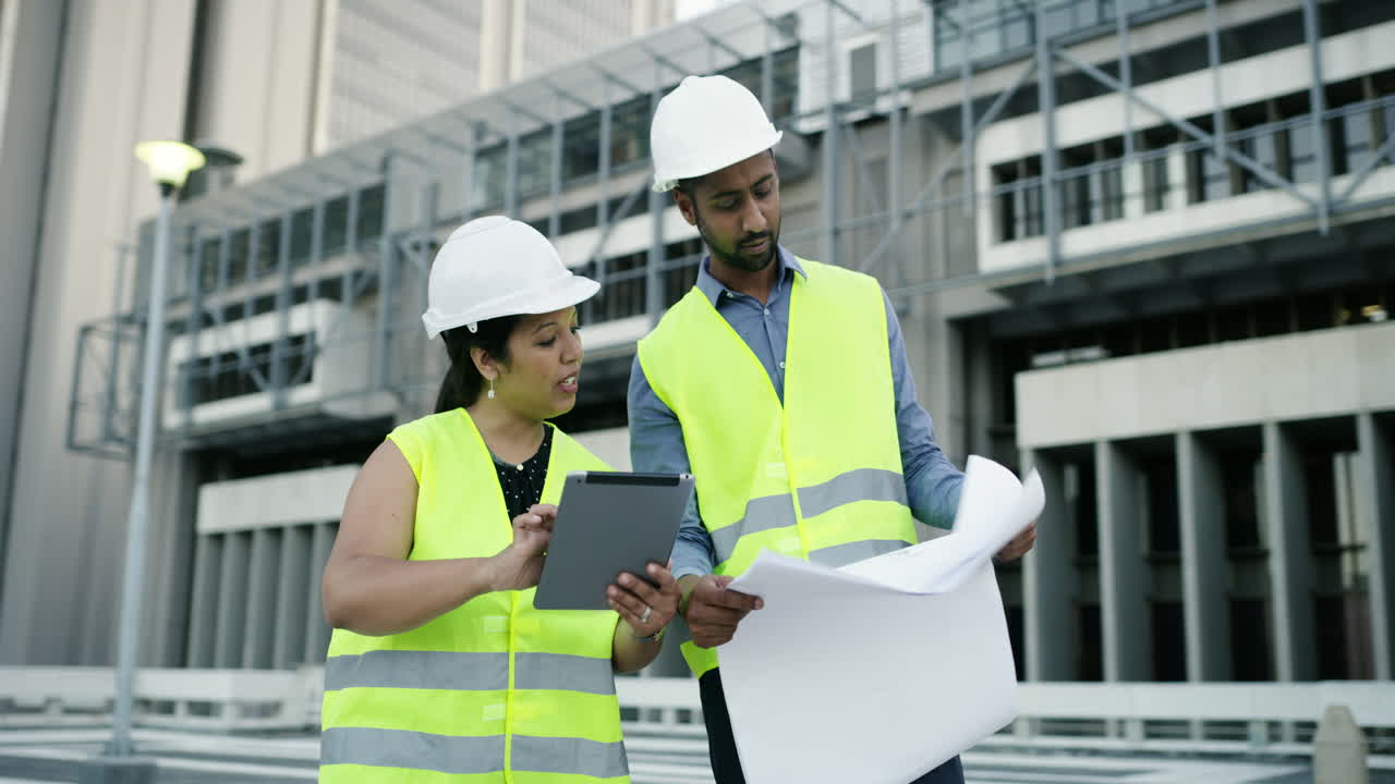 ingenieros de construcción que revisan los planos