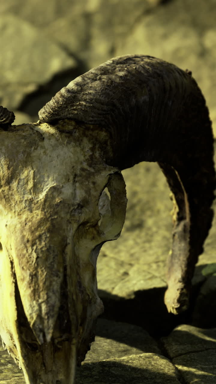 Cráneo de un animal en el suelo cerca de rocas en la naturaleza al atardecer.